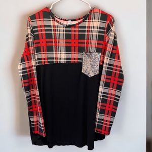 Plaid Long Sleeve Tunic w/ Gold Sequin Pocket - Acting Pro L